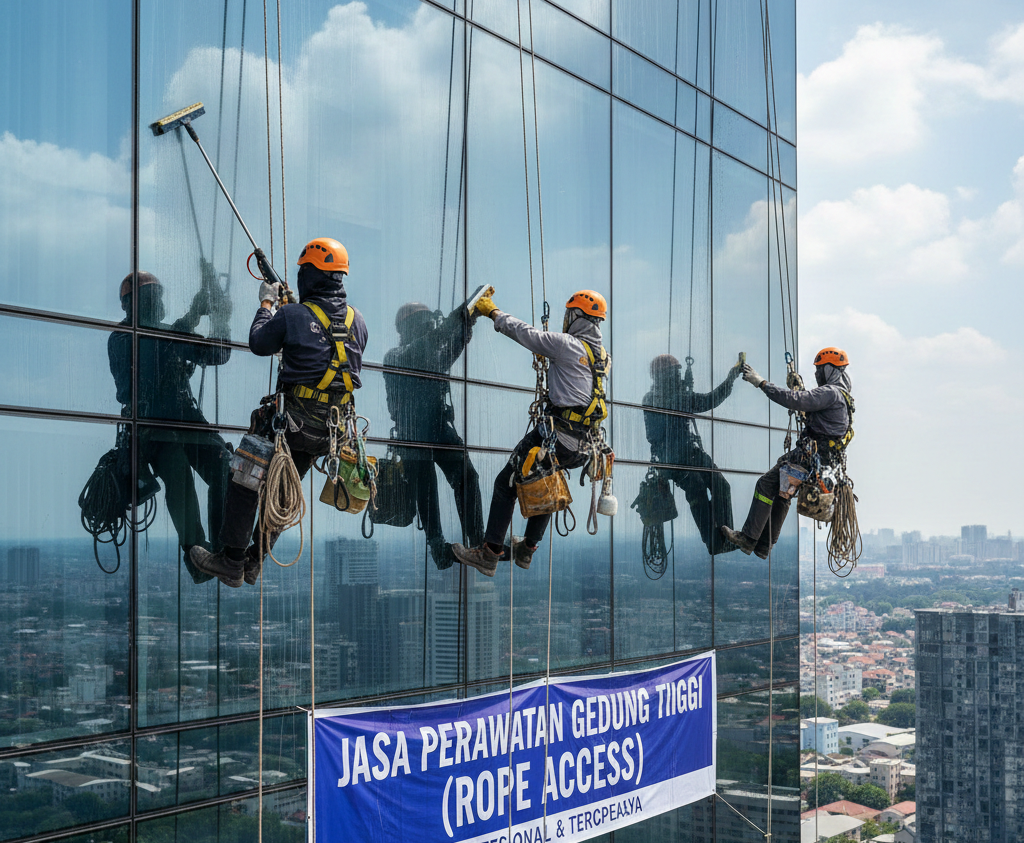 Jasa Perawatan Gedung Tinggi (Rope Access) Berpengalaman dan Bersertifikat – Solusi Aman untuk Pekerjaan di Ketinggian